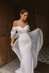 SoDigne Summer Wedding Party Dresses Off The Shoulder Pleats Bridal Dress Mermaid Satin Women Bride Gowns With Train 22W